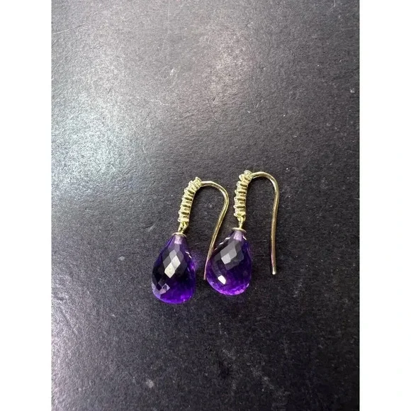 14k gold amethyst briolette and diamond dangle earrings